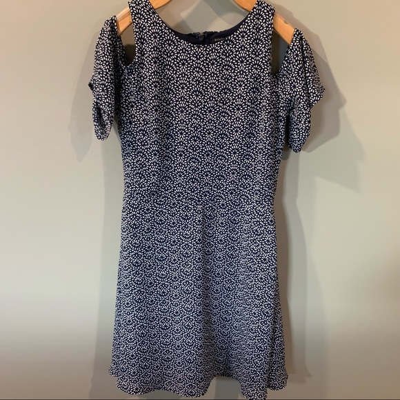 Banana Republic Cold Shoulder Navy White Fit & Flare Dress - Picture 1 of 7